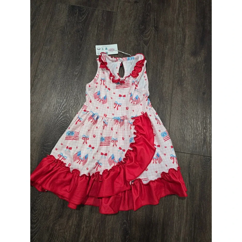 Pete + Lucy Girls Patriotic Flag Gingham Ruffle Dress Red White Blue 12-18 Month